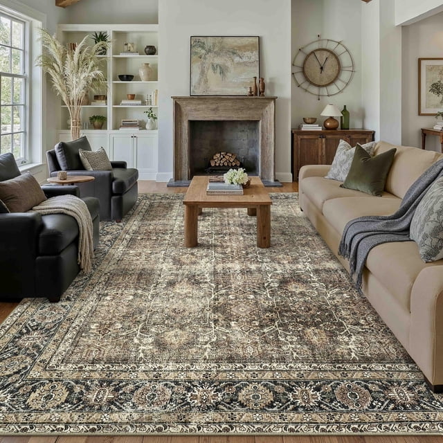 Alfombra Area PureCozy, vintage, marrón, lavable, 270 x 360 cm