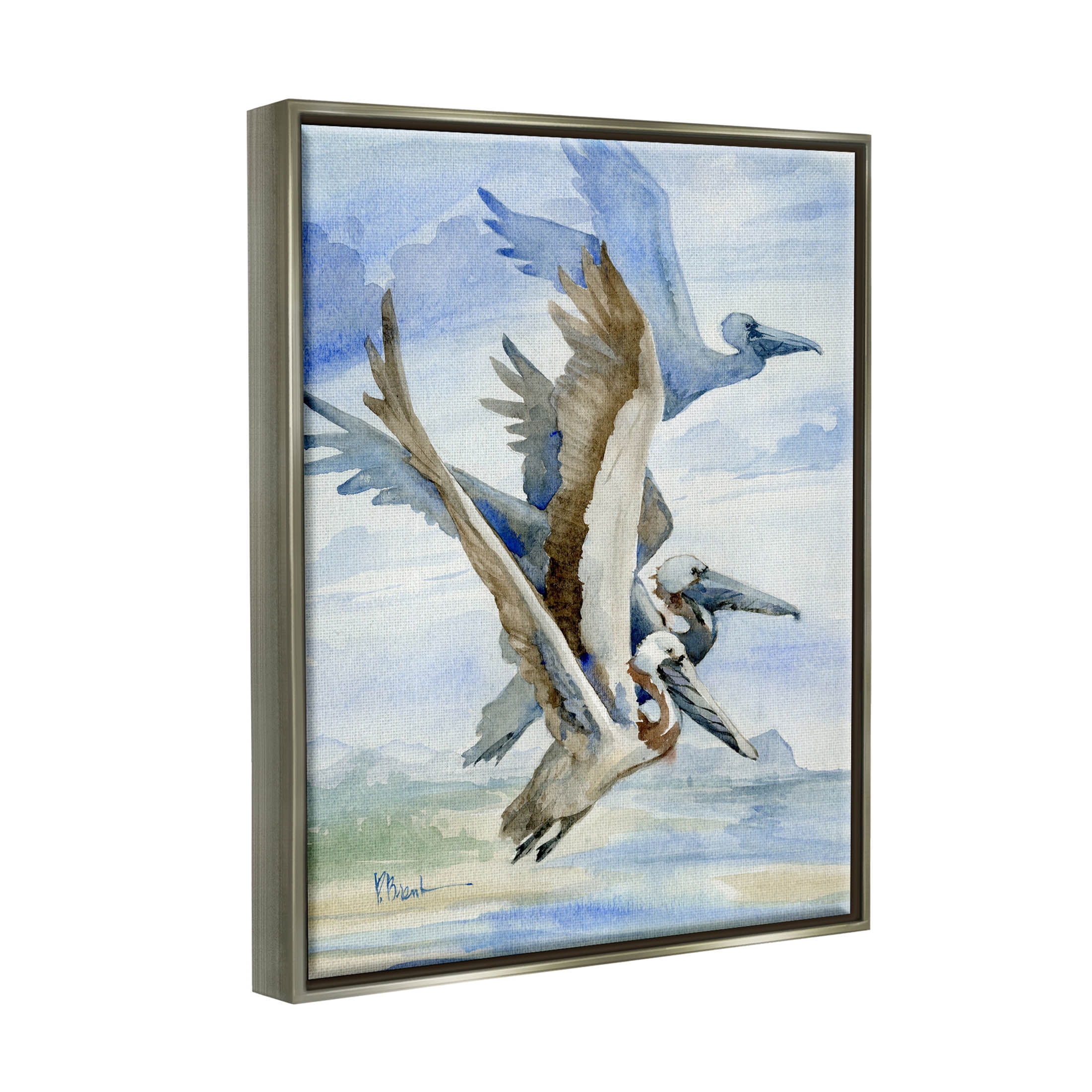 Stupell Industries Pelicans Aloft Bird Flight Trio Painting Luster Gray Floating Framed Canvas Print Wall Art, Design by Paul Brent