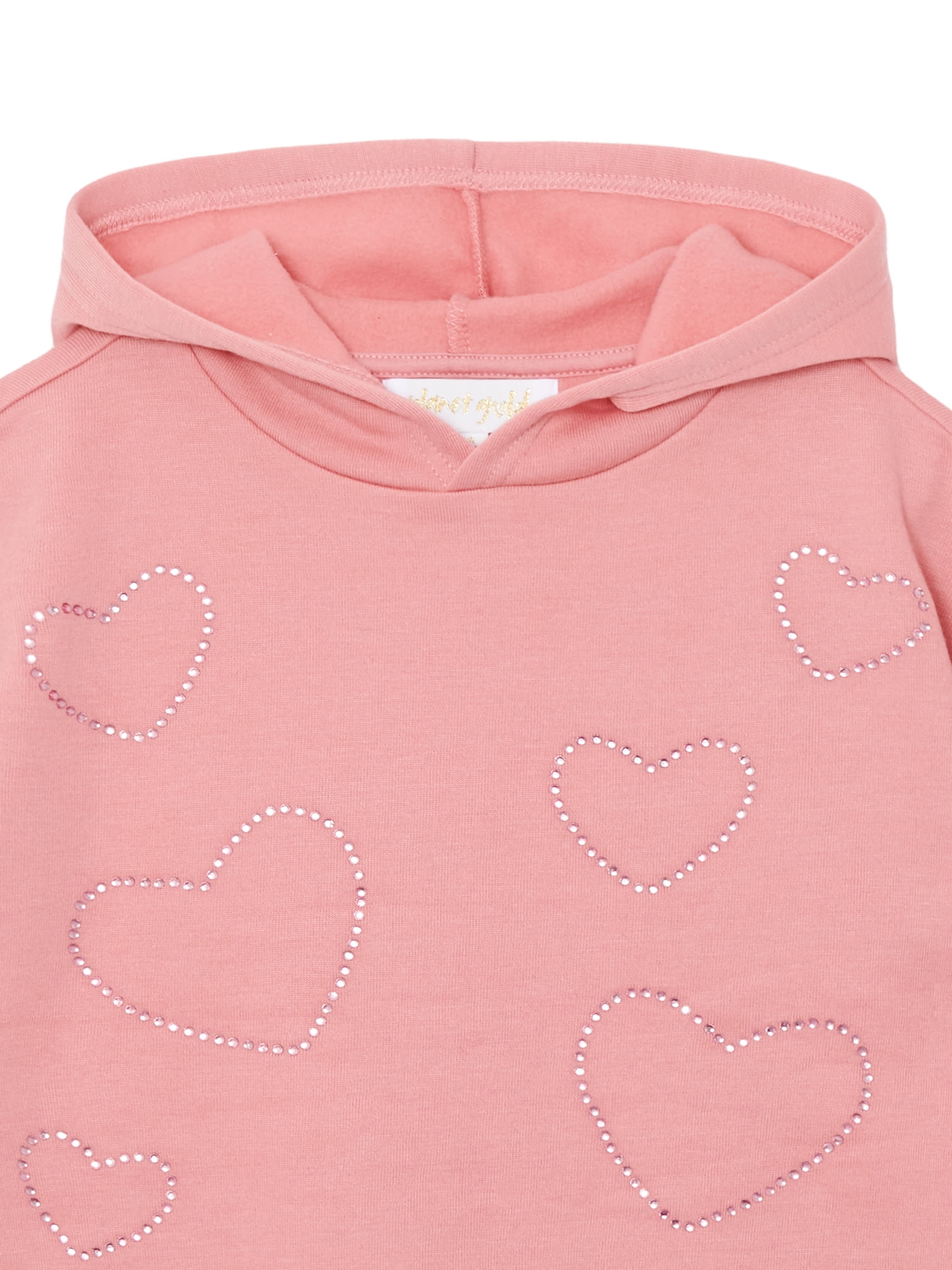 Planet Gold Girls' Rhinestone Heart Embellished Fleece Hoodie and Pant, 2-Piece Set, Sizes 4-18