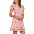 thumbnail image 3 of INSPIRE CHIC Women's Ruffle Sleeve Self-Tie V Neck Above Knee Ruffled A-Line Floral Chiffon Dress XL Light Pink, 3 of 5