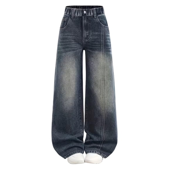 CMSHTD Jeans for Girls Teen Kids, Denim Pants Baggy Wide Leg Cute Clothes Trousers, Elastic High Waisted Loose Casual, Blue 6-7Years