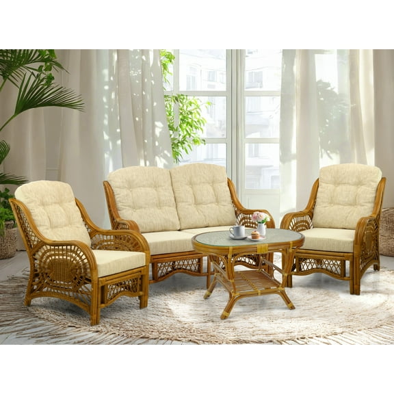 SK New Interiors Malibu Set of 2 Natural Rattan Wicker Lounge Chairs, Loveseat w/Cream Cushion and Coffee Table w/Glass , Colonial