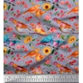 thumbnail image 1 of Soimoi Gray Japan Crepe Satin Fabric Dot,Sunflower & American Robin Bird Print Fabric by Yard 42 Inch Wide, 1 of 1