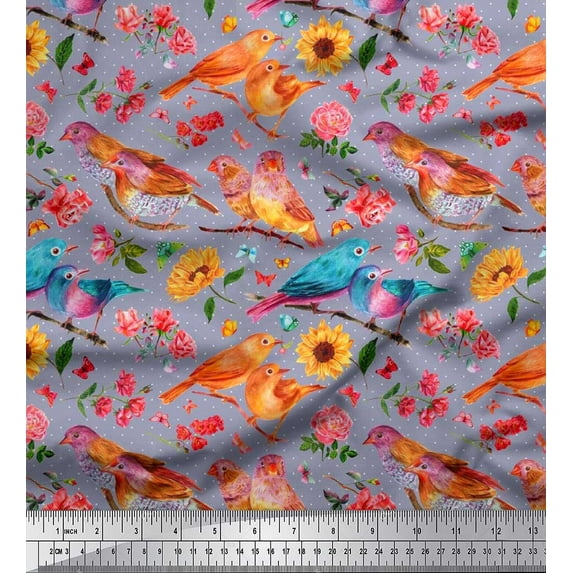 Soimoi Gray Japan Crepe Satin Fabric Dot,Sunflower & American Robin Bird Print Fabric by Yard 42 Inch Wide