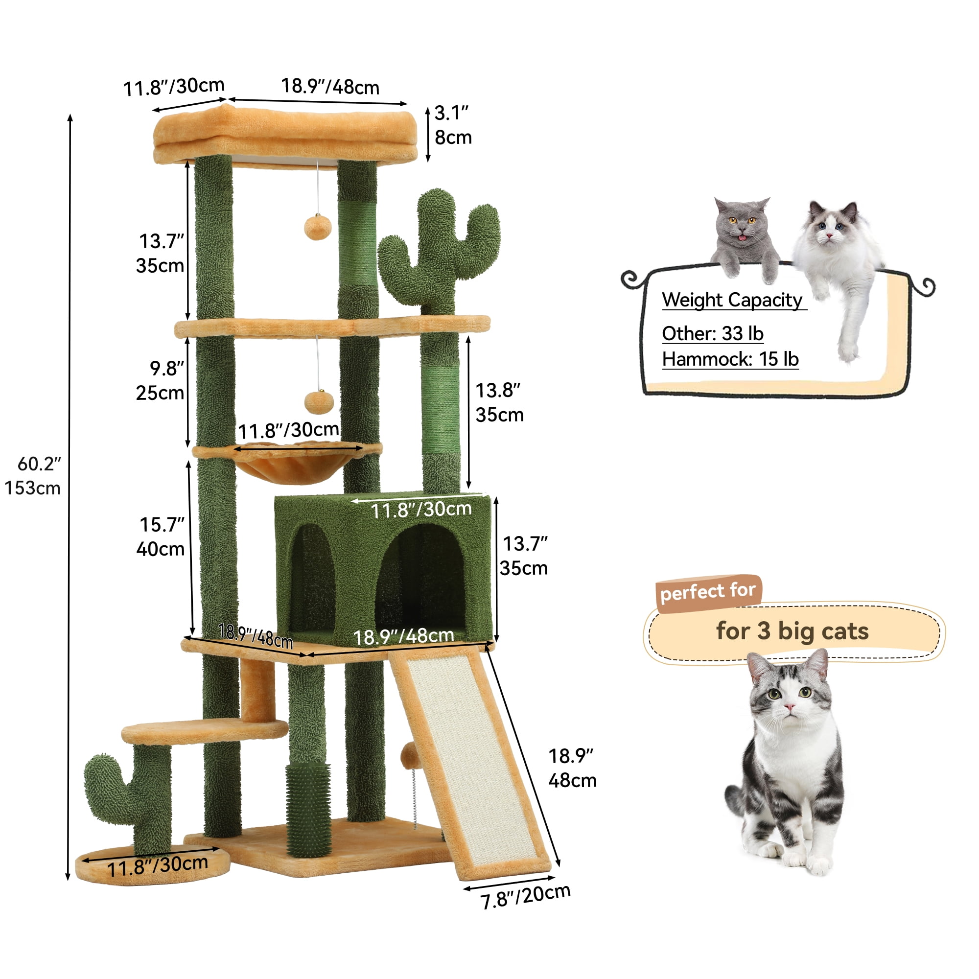 Uforic 60" Cactus Cat Tree Tower, Multi-Level Cat Tree House with Scratching Post, Ladder & Pompom Balls, Green&Yellow