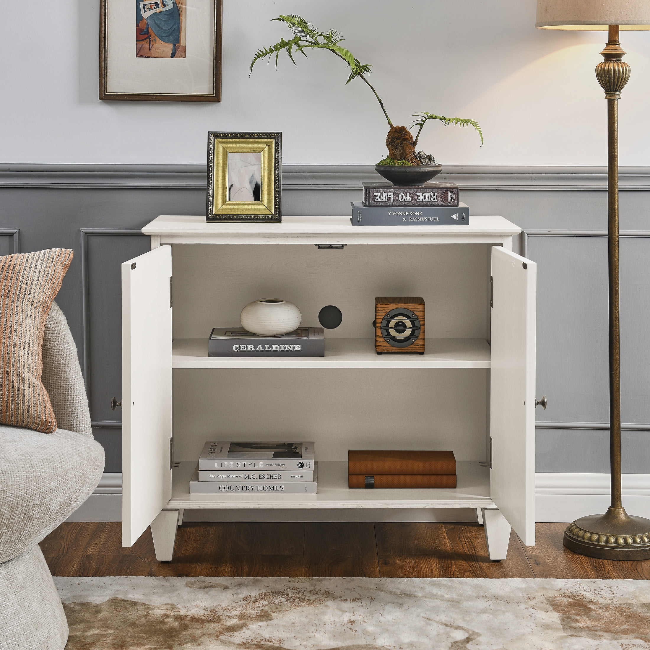 Noble House 33.6" Retro Wooden Sideboard Buffet Cabinet with Geometric Accent, Adjustable Shelf for Living Room, Antique White
