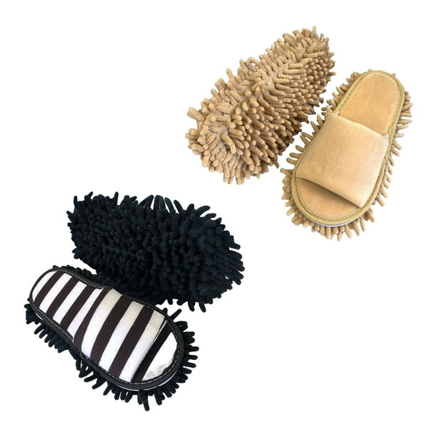 2 Pantuflas de Chenilla de Microfibra, Unisex, Portátil, Desmontable, Cómoda, de Limpieza Perezosa para El Suelo Del Baño, Pulido, negro blanco Sunnimix Zapatillas de trapeador
