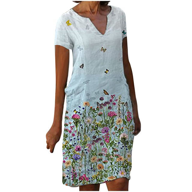 Vestidos de manga corta para mujer Vestido de tirantes con estampado de flores a la moda Vestido con cuello en V hasta la rodilla Pompotops ghjkhdj16690