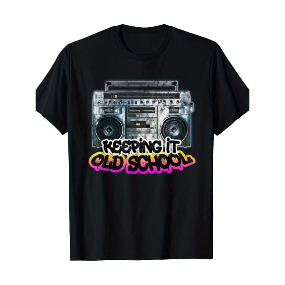 Retro Boombox Graphic Tee - "Keeping It Old School" 80s Style, 100% Cotton, Short Sleeve, Crew Neck, Machine Washable, Vibrant Geometric Pattern Casual Shirt for All Seasons, Vintage Tshirt