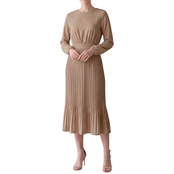 INSPIRE CHIC Women's Long Lantern Sleeve Dress Crew Neck High Waisted Midi Dresses Small Khaki