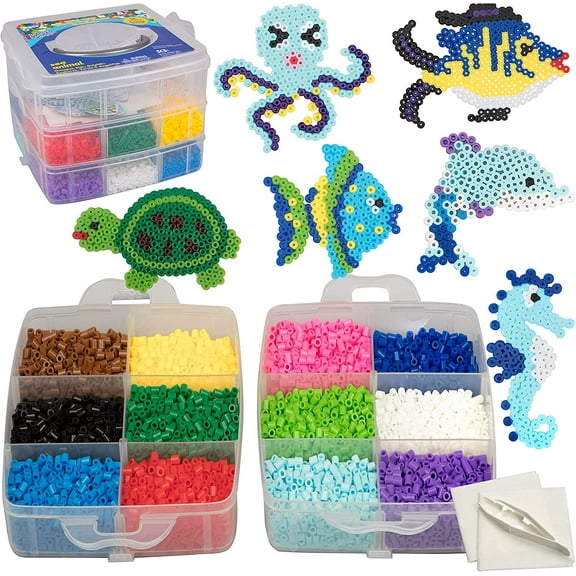 8,000 pc Fuse Bead Super Kit w/ Sea Animal Pegboards & Templates, Immediate Shipping - 12 Colors, 6 Peg Boards, Tweezers, Ironing Paper, Case - Works with Perler Beads- Great Gift, Pixel Art Project