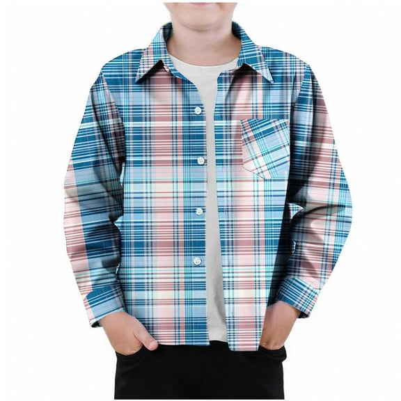 NAISIBABY Boys Long Sleeve Shirts 7T, Lapel Button Down Plaid Fall Casual Fashion Tops Blue(3-9T)