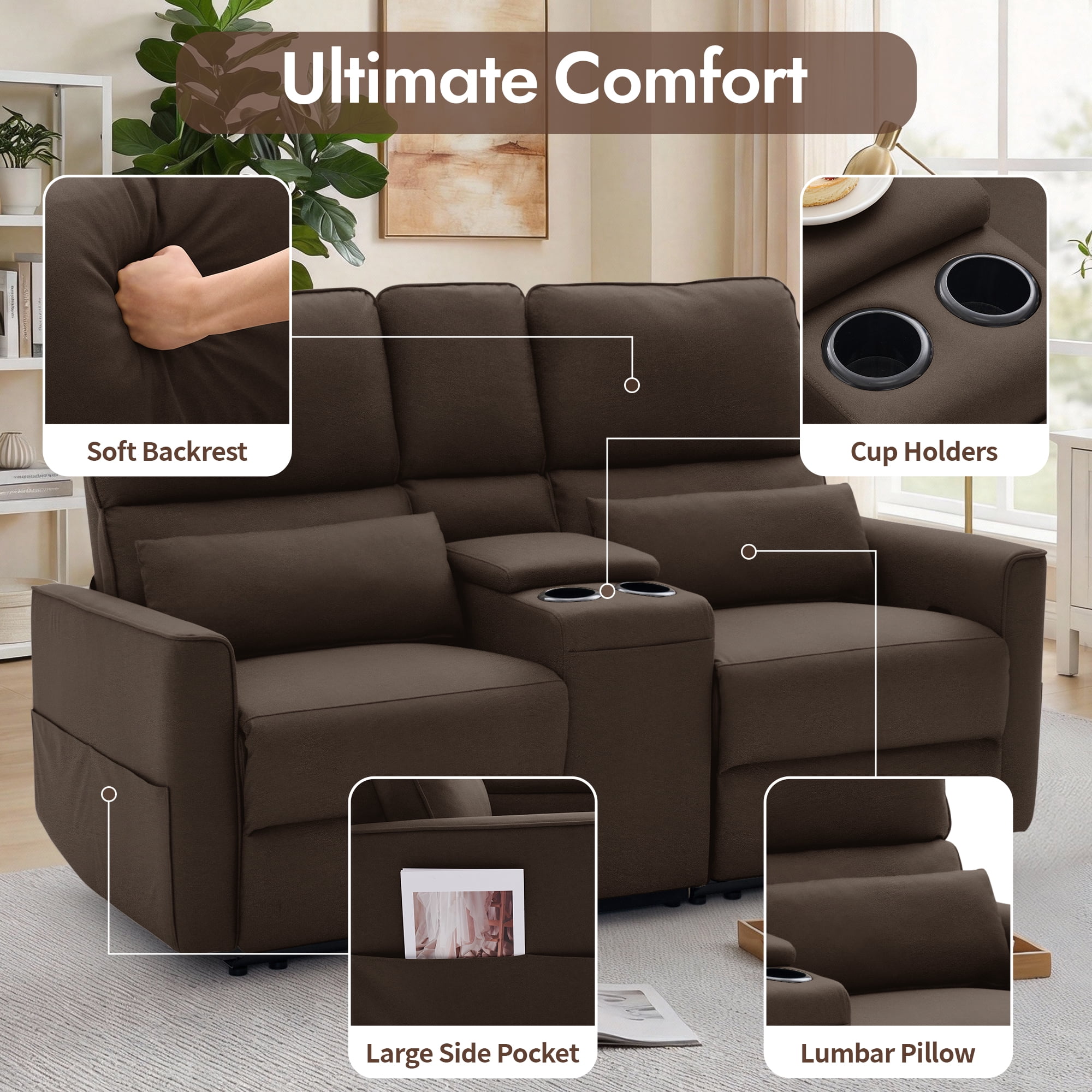 Korser 2-Seater Recliner Sofa with Pillow,Double Recliner Loveseat with Storage Console, Side Pockets, Cup Holders Manual Recliner Sofa for Living Room,Dark Brown