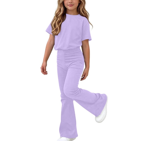 Fnooota Girls Summer Outfit Sets Size 6, Short Sleeve Casual Crewneck Kids' Casual Clothing Sets Purple Size 6
