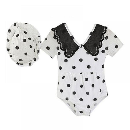 

Baby Girls Short Sleeve One Piece Swimsuit with Swim Cap Black Ruffled Dot Printed Swimwear Set for Toddler White+Black