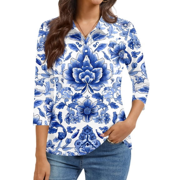 Women's Fashion Casual Lapel Short 3/4 Sleeve Print Shirt Women's Button Up Tops Blue L