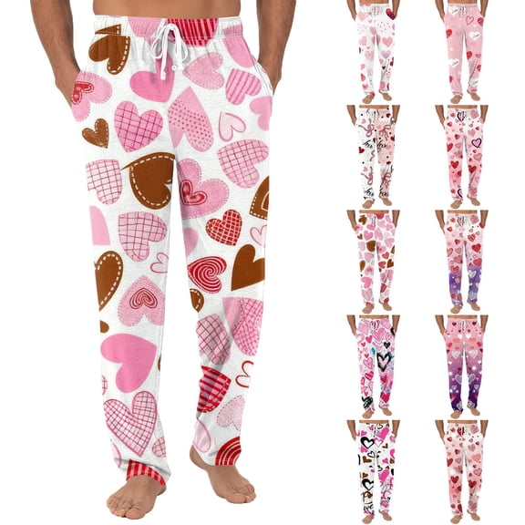 Men's Drawstring Pocket Cuffed Casual Pants, Valentine's Day Print Home Sleep Pants for Gift, Holiday and Home Comfort,Black,L