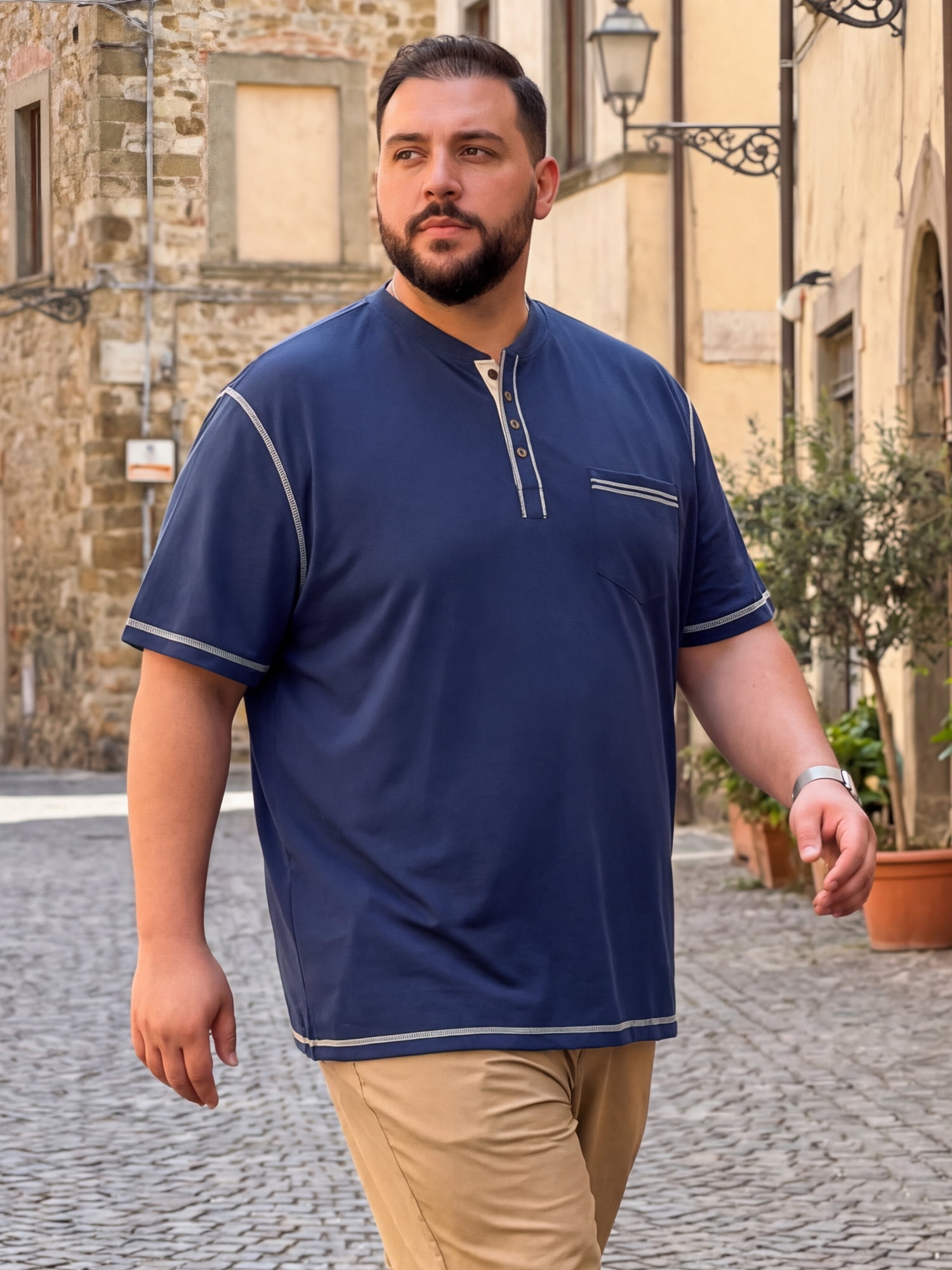 DARING DIVA Men's Big Tall Contrast Trim Button Down Short Sleeve Shirts 5XL Dark Blue