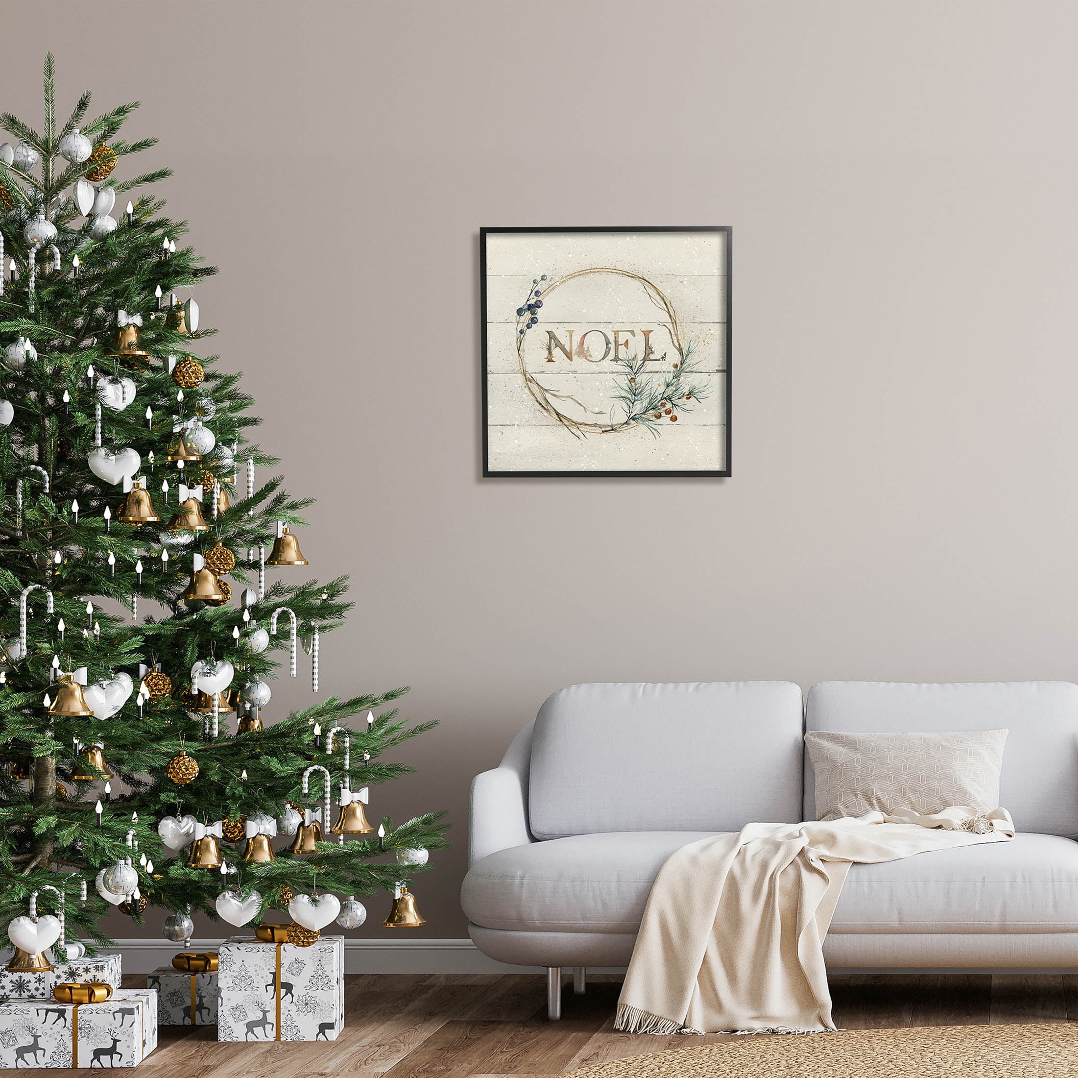 Stupell Industries Noel Holiday Botanical Wreath Graphic Art Black Framed Art Print Wall Art, Design by Carol Robinson
