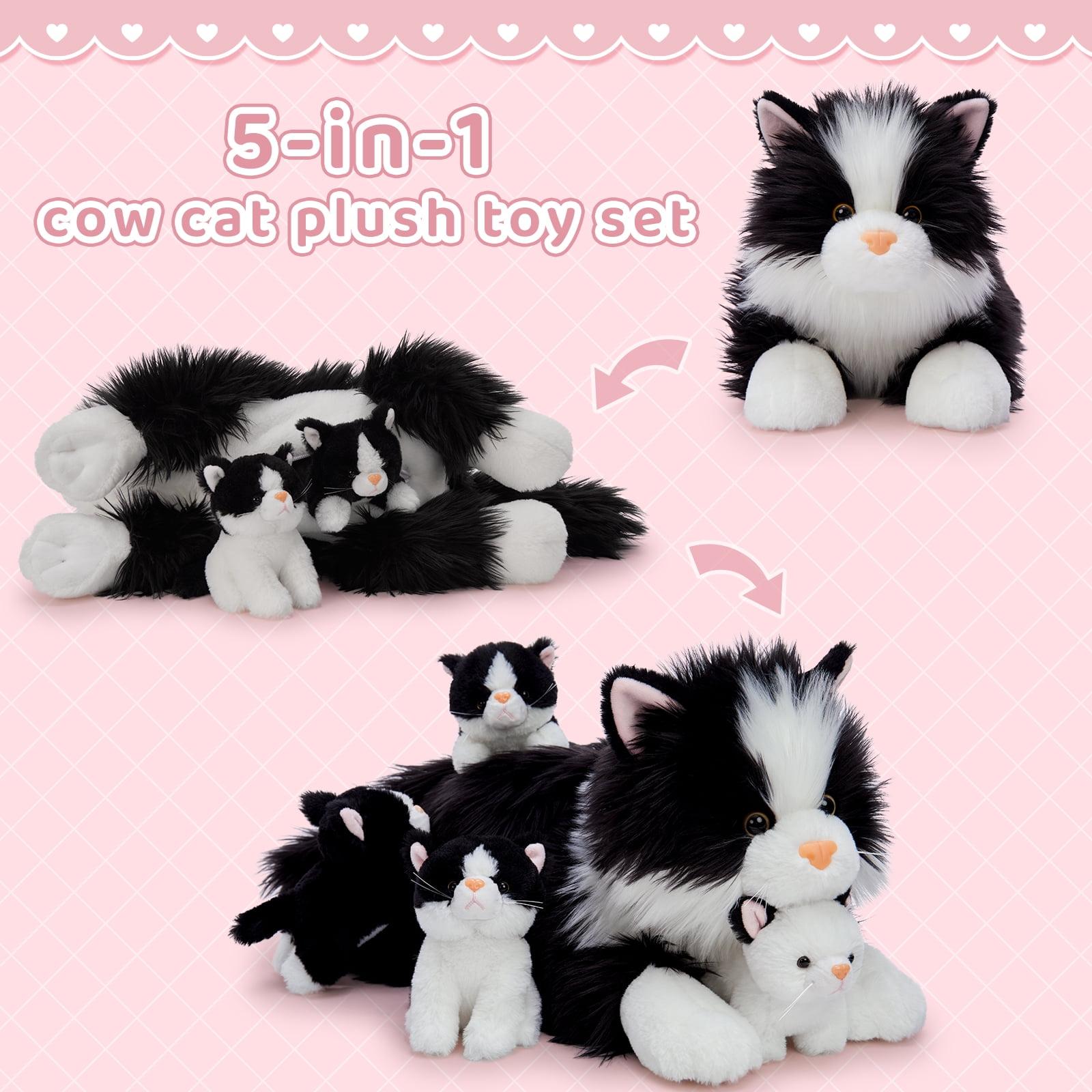 MorisMos 20" Cat Stuffed Animal, Realistic Stuffed Cat with 4 Kittens Baby Plush Toys