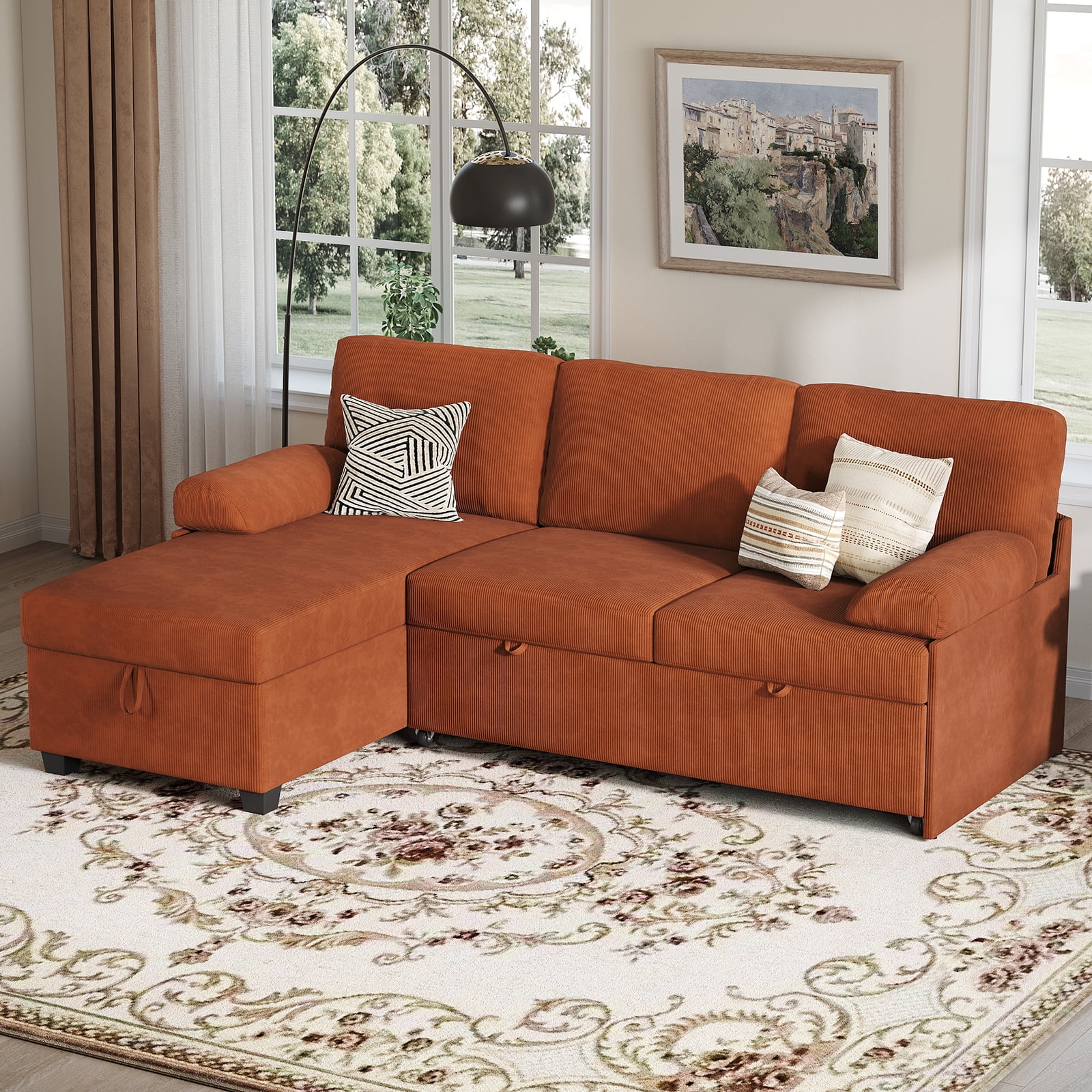 COPIAE 80 inch Convertible Sectional Sofa, L-Shaped Sofa Sleeper with Reversible Chaise,Couch Bed with Storage,Removable Armrest,Modern Pull Out Bed for Living Room Bedroom,Corduroy Rust