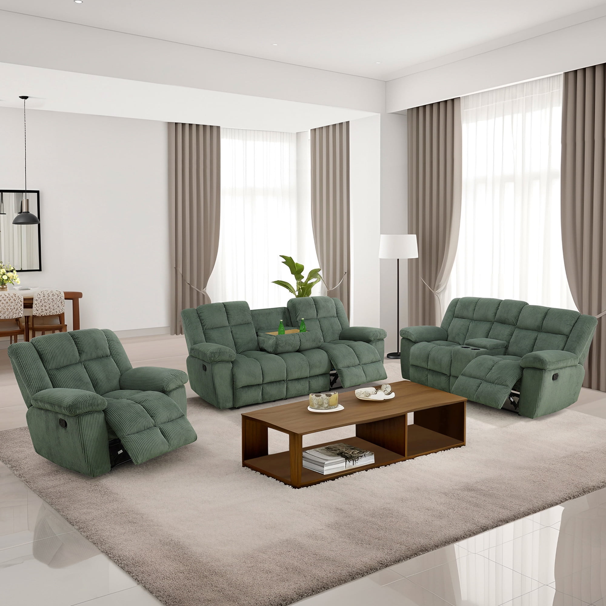 Aukfa 3-Piece Recliner Sofa Set - 90" 3 Seat Recliner with Flip Backrest Cupholder, Home Theater Seating, Green