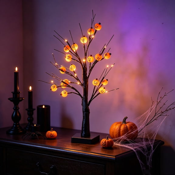 24 Inch Halloween Pumpkin Tree Light with USB and Battery Power, Orange LED Tabletop Lamp for Mantel Party Haunted House Decor
