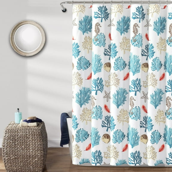 Lush Decor Coastal Reef Feather Polyester Shower Curtain, 72x72, Blue/Coral, Single