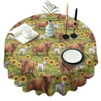 Green Highland Cow Sunflower Field Pattern Round Tablecloth 60"x60",Wrinkle Wipeable Table Cloth for Kitchen Dining Room Picnic Patio Party