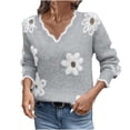 thumbnail image 2 of Wutalume Women's Casual Fashion Floral Jacquard V-Neck Knitted Sweater, Elegant Printed Top, Loose Fit Long Sleeve Pullover for Stylish Everyday Wear,Gray S, 2 of 7