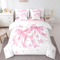 Manfei Cute Bowknot 7-Piece Bedding Comforter Set,Kawaii Bowtie Bow King Bedding Sets,Pink Cartoon Star Bed Sheets For Girl,Breathable Home Decor Reversible