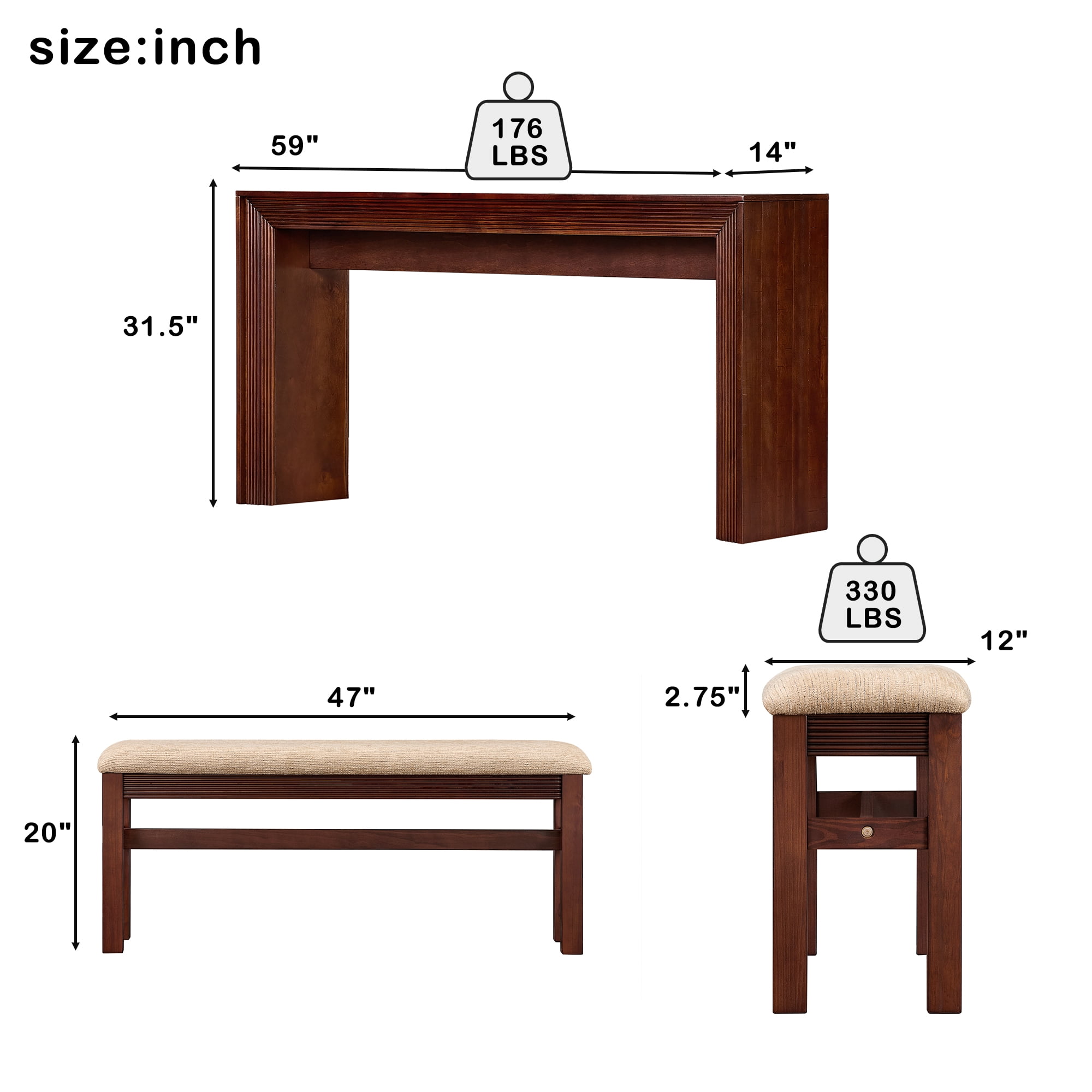 Fluted Counter Height Bar Table Set for 2, Dining Table with Fabric Upholstered Bar Stool with Solid Wood Legs, Dining Table Behind Couch for Breakfast
