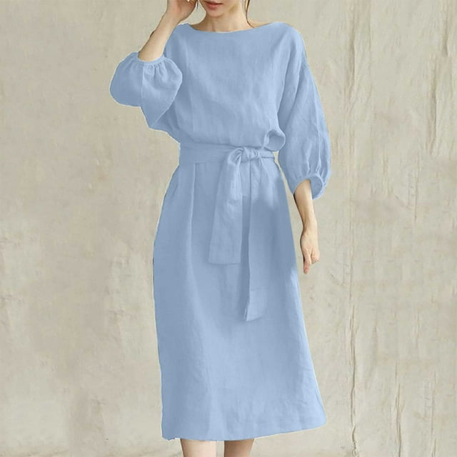 Gspmoly Robes pour Femmes, Mode pour Femmes Col Rond Ample Manches Courtes Uni Robe Mi-Mollet Longue Robe Robes de Cocktail pour Femmes jusqu'à 65 % de Rabais