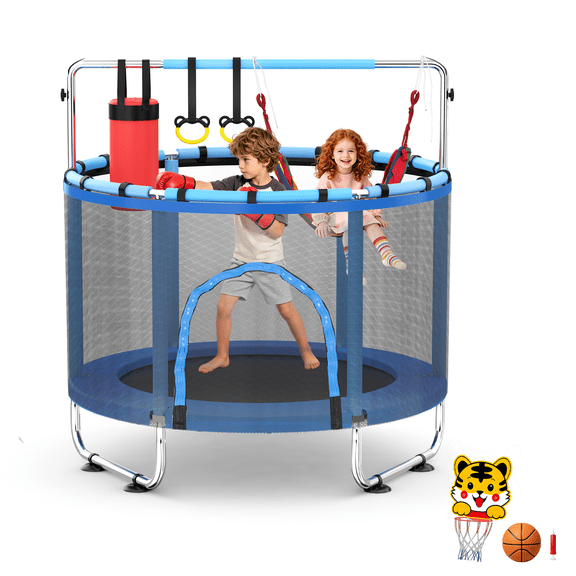 FEMCHIC 55" Kids Trampoline w/ Net, Trampoline for Kids Age 3-10, Indoor Outdoor Adjustable Small Trampoline for Toddler w/ Swing and Basketball Hoop 400LBS, Blue