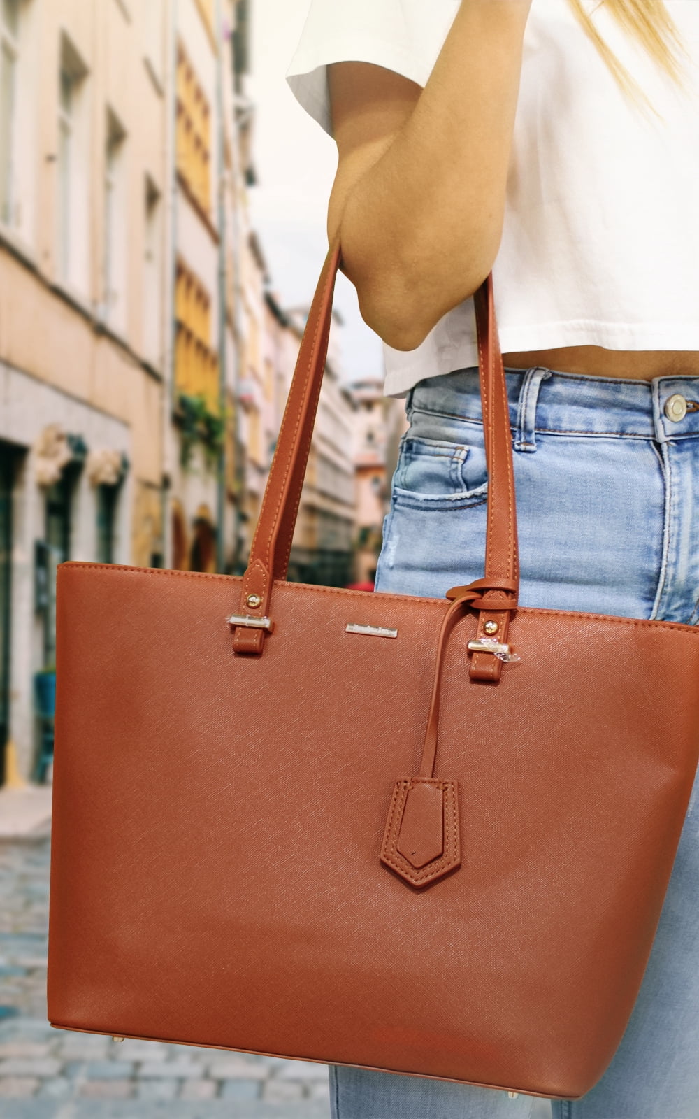 Premium Lux Details 3-Piece Leather Handbag Set for Women – Tote, Crossbody & Wristlet Purse – Elegant Designer Bags for Everyday & Travel Use Color Luggage