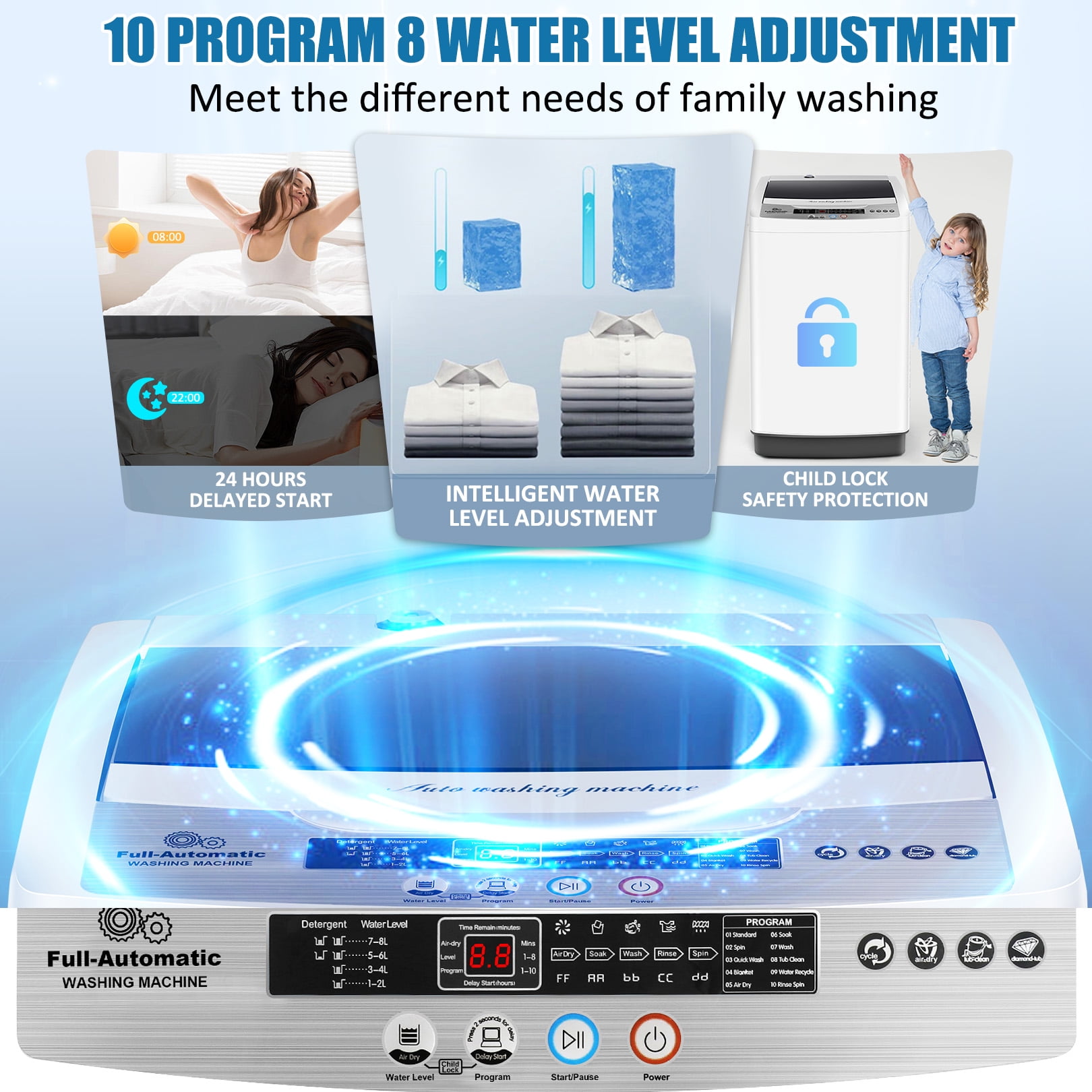 Adnoom Portable Washing Machine, 18.7lbs Full Automatic Compact 10 Programs & 8 Water Levels Washer Machine with Child Lock and LED Display, Low Noise Laundry Wash for Apartments, Home, Dorms