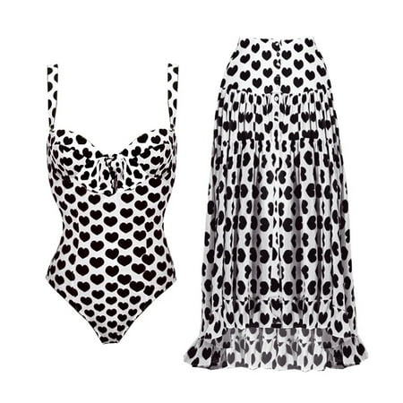 Womens Swimsuits Siamese Beachwear With Cover Up Wrap Skirt Sarong Heart Shape Print Bikini Set Black Women S Swimwear S