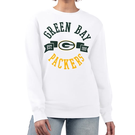 Women's G-III 4Her by Carl Banks White Green Bay Packers Large Team Graphic Fleece Pullover Sweatshirt