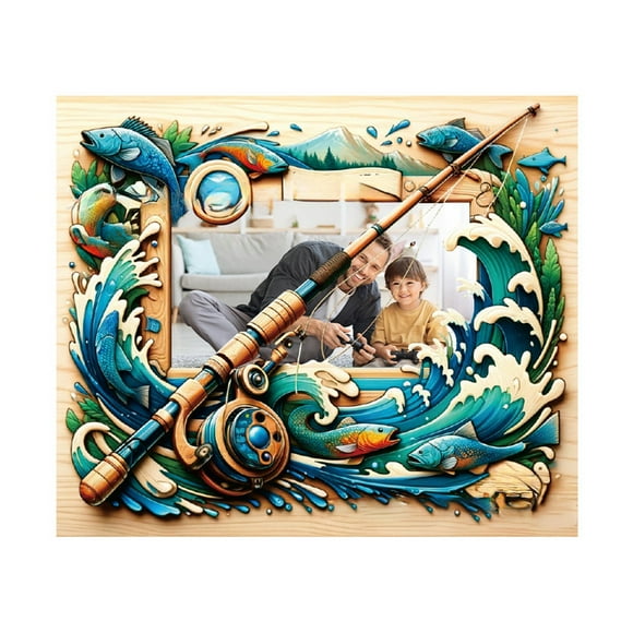 asddcavvf Border Father's Day Commemorative Hollow Photo Frame Stand Acrylic Buckle Photo Frame Fisherman Theme Photo Frame Birds Stained Glass Window Hangings