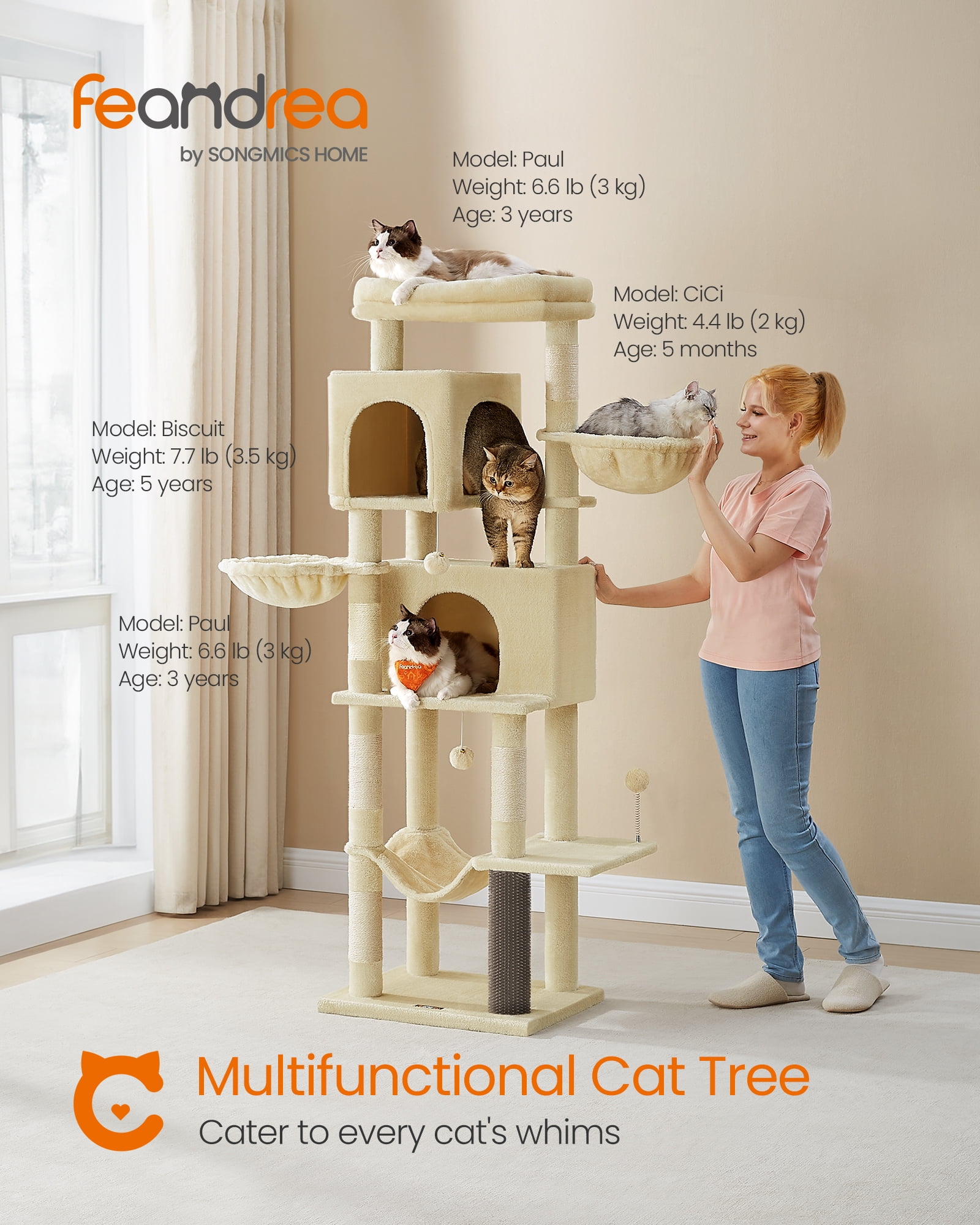 69 Inch Tall Cat Tree Tower for Indoor Cats, Multi-Level Cat Condo with 2 Caves, 2 Baskets, 5 Scratching Posts, Self-Groomer, Perch, and Hammock, Beige
