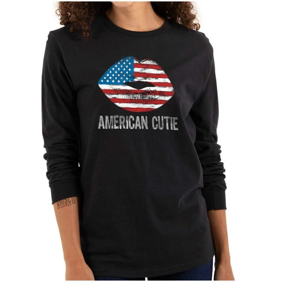 American Cutie USA Flag Kiss Lips Women Plus Size Long Sleeve Graphic Tee Brisco Brands 2X