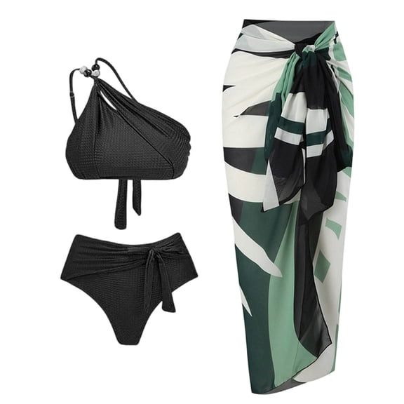 Enjoytime Bikini Sets for Women One Shoulder Tummy Control Swimsuit Modest 3 Piece Bathing Suits with Cover Up Wrap Skirt Sarong