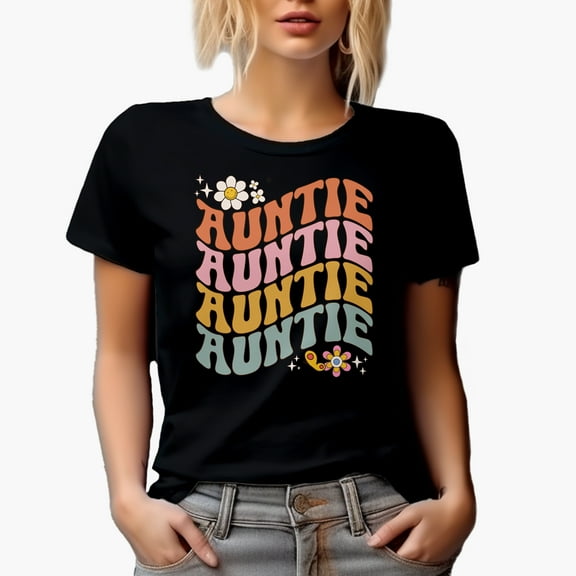Auntie with Cute Flowers & Butterfly, Family or Aunt Themed, Groovy Retro Wavy Text Merch Gift, Black T-Shirt, Small