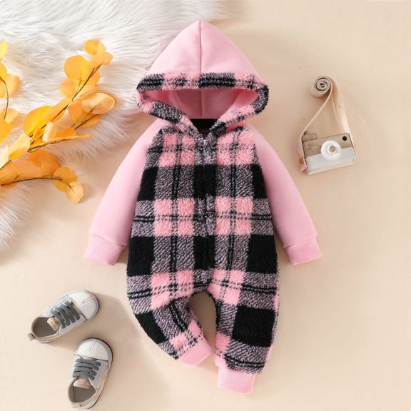AUNVITO Baby Fleece-Lined Thermal Romper with Hood Plaid Print Long Sleeve Soft Cotton Winter Warm Coverall 0-18M