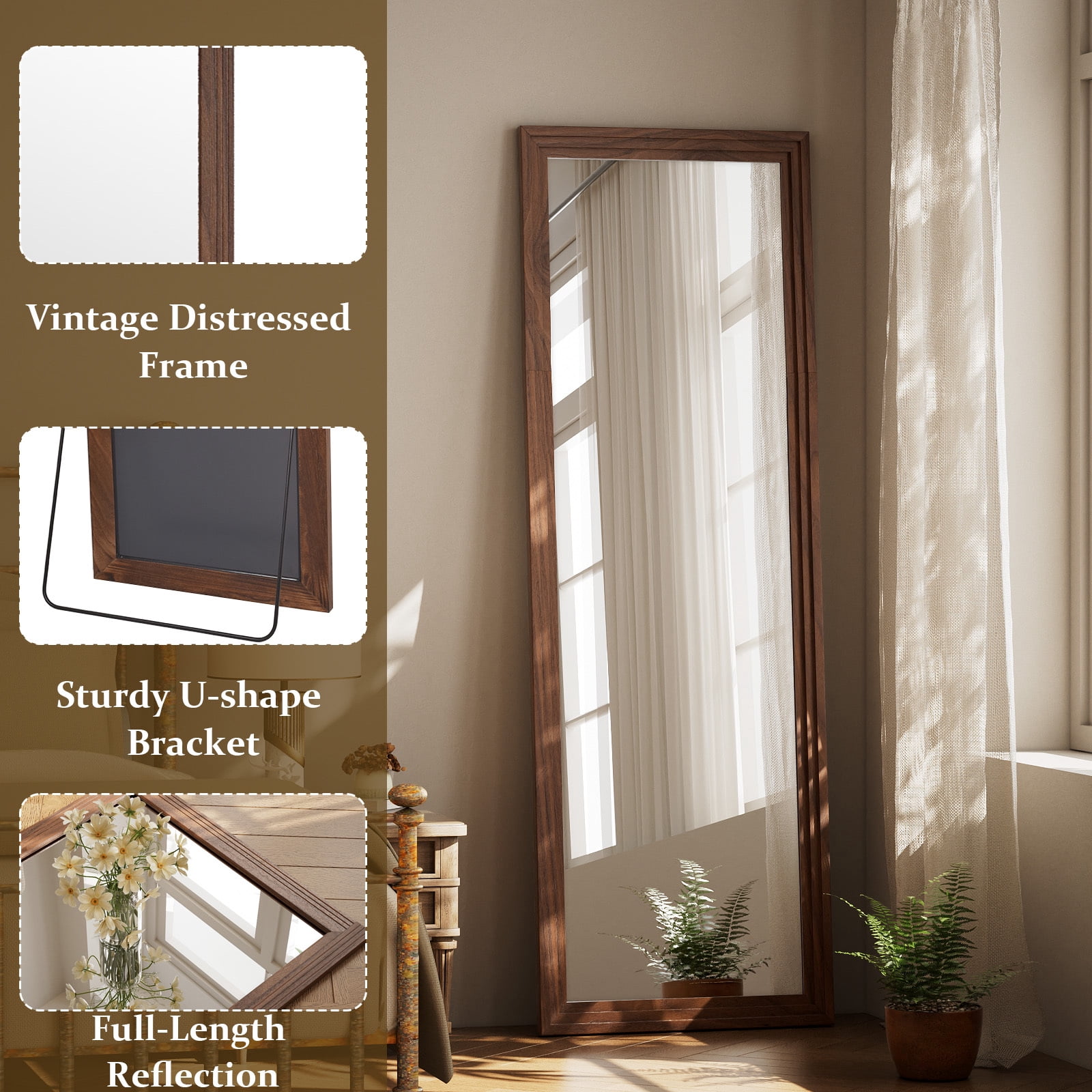 Easy4Home 65"x22" Wooden Full Length Mirror Rectangle Floor Mirror Wall Mounted, Brown