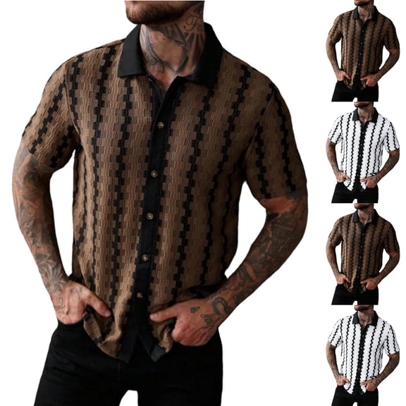 FRSASU Men's Summer Striped Shirts Casual Button Down Textured Short Sleeve Collared Vintage Beach Shirts White