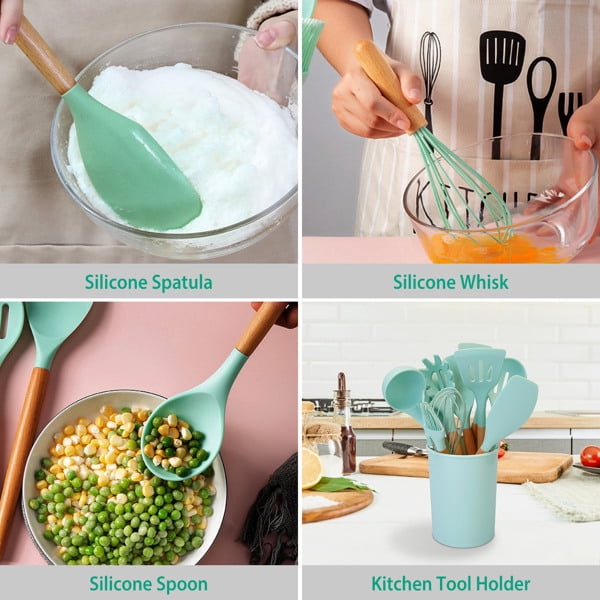 11Pcs Silicone Cooking Utensil Set Heat Resist Wooden Handle Silicone Spatula Ladle Spaghetti Server Tongs Spoon Egg whisk Kitchenware Set w/ Holder
