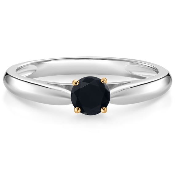 Gem Stone King 10K White and Yellow Gold Black Onyx Solitaire Engagement Ring for Women (0.22 Cttw, Gemstone December Birthstone, Round 4MM, Size 9)