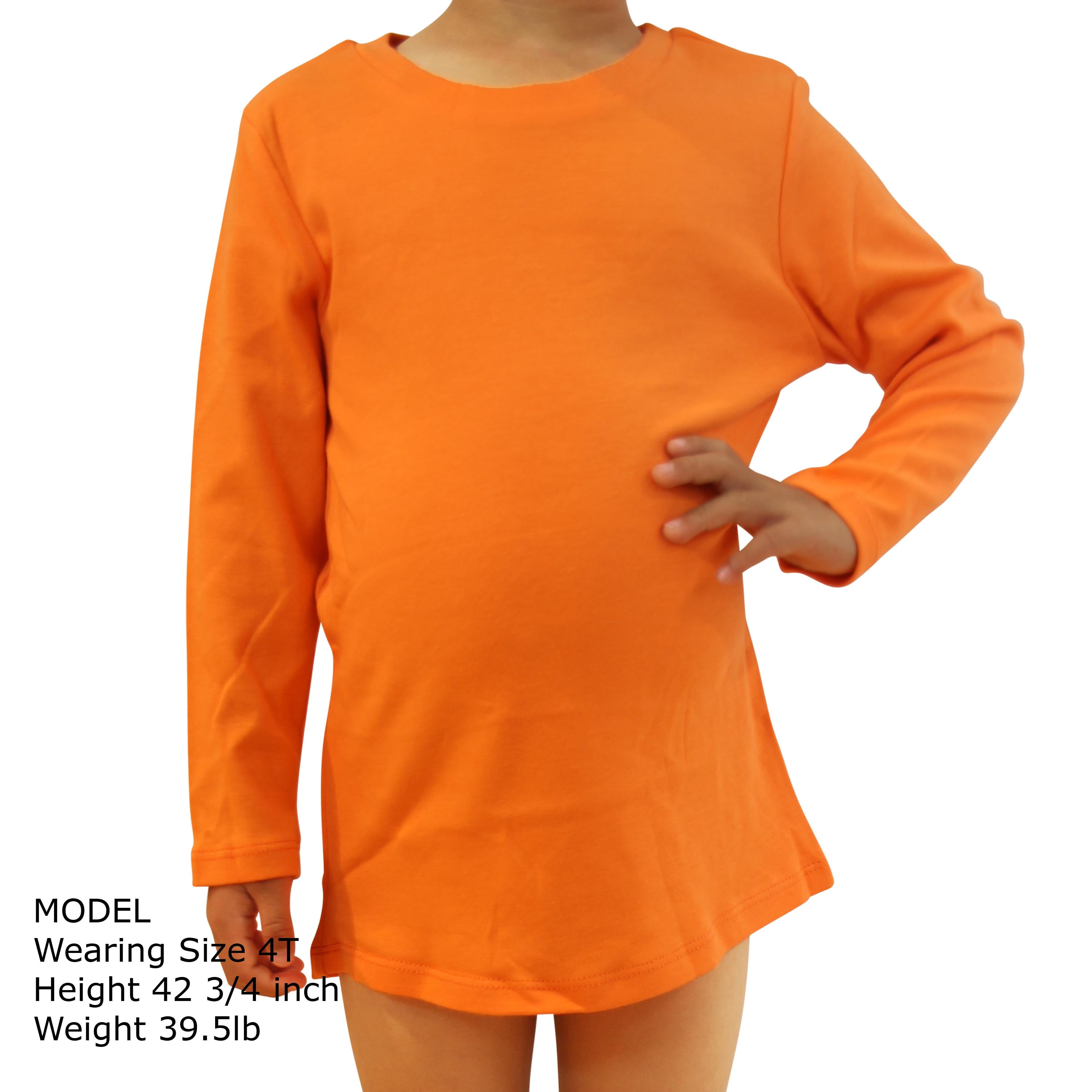 Kids Crew Neck Long Sleeve Plain Color Cotton Shirt, Orange, 5T, 1 pc.