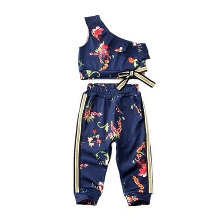 

Canrulo Kids Baby Girls One Shoulder Crop Top Floral Vest+Casual Long Pants Summer Clothes Outfits Navy Blue 3-4 Years